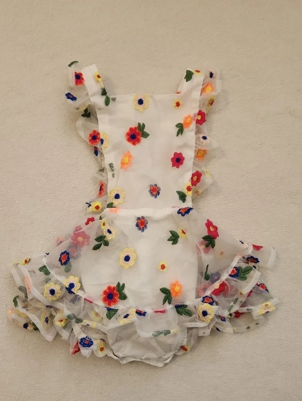 Numi 2t Bright Retro Floral Embroidered White Ruffle Romper